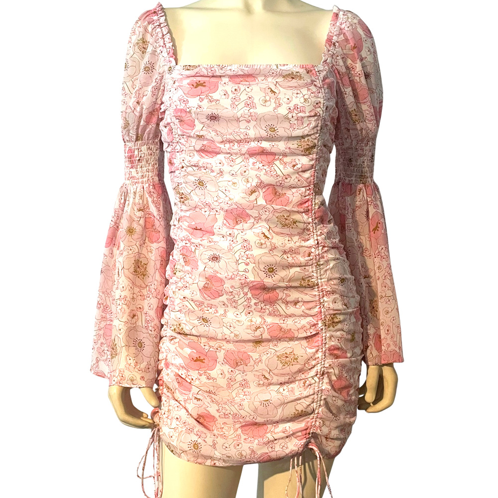 Vici Sz M Ruched Mini Dress Flare Sleeves Precious Poppies Pink Floral Romantic